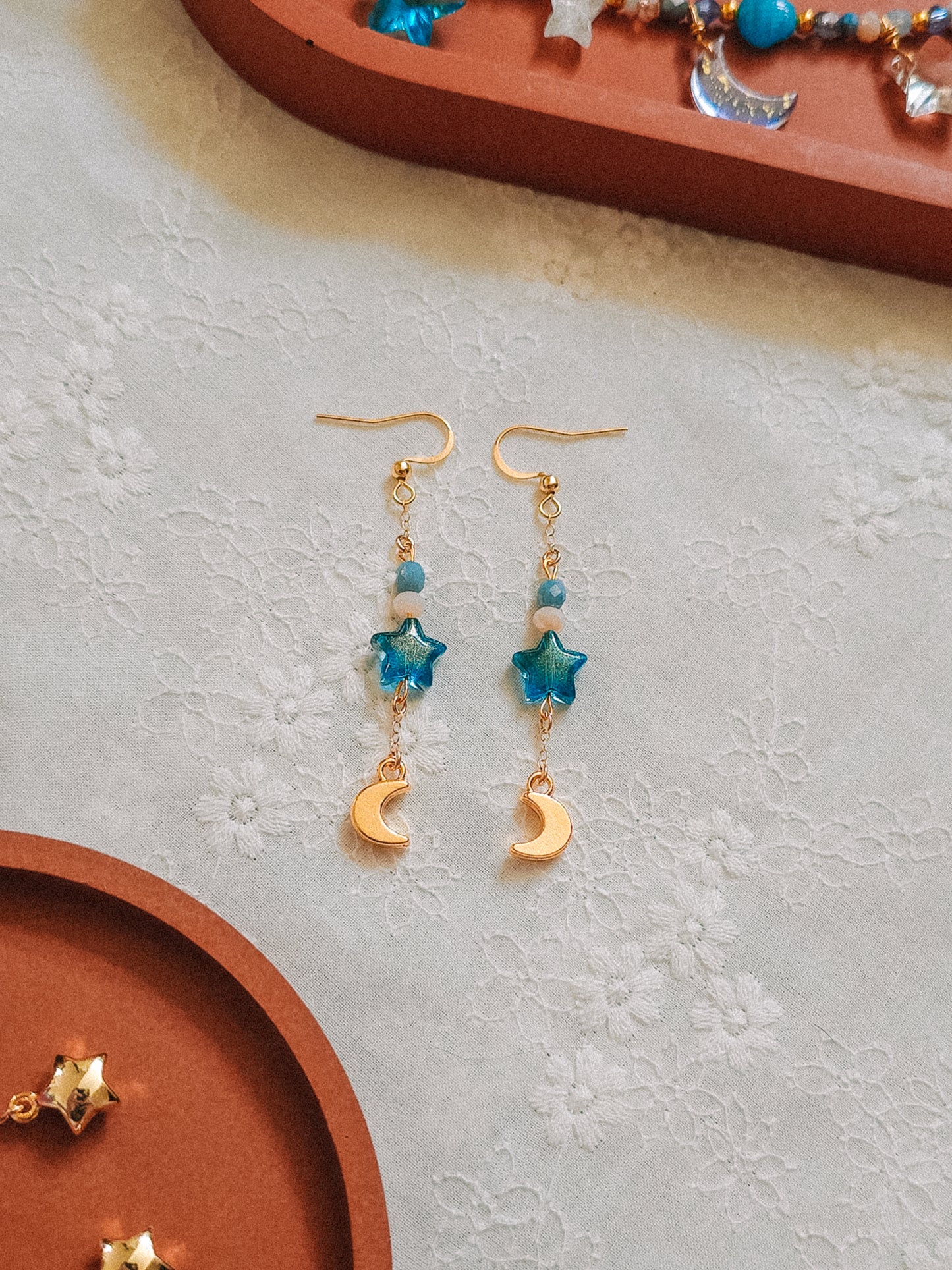 Sea Blue Star & Moon Dangle Earrings (for Whale Shark necklaces)